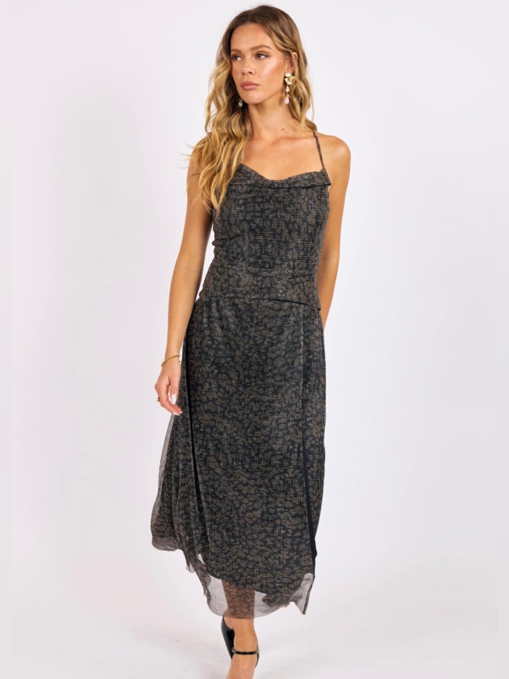 Sage the Label La Soirée Pleated Lurex Mesh High Slit Maxi Dress Size XS NWT